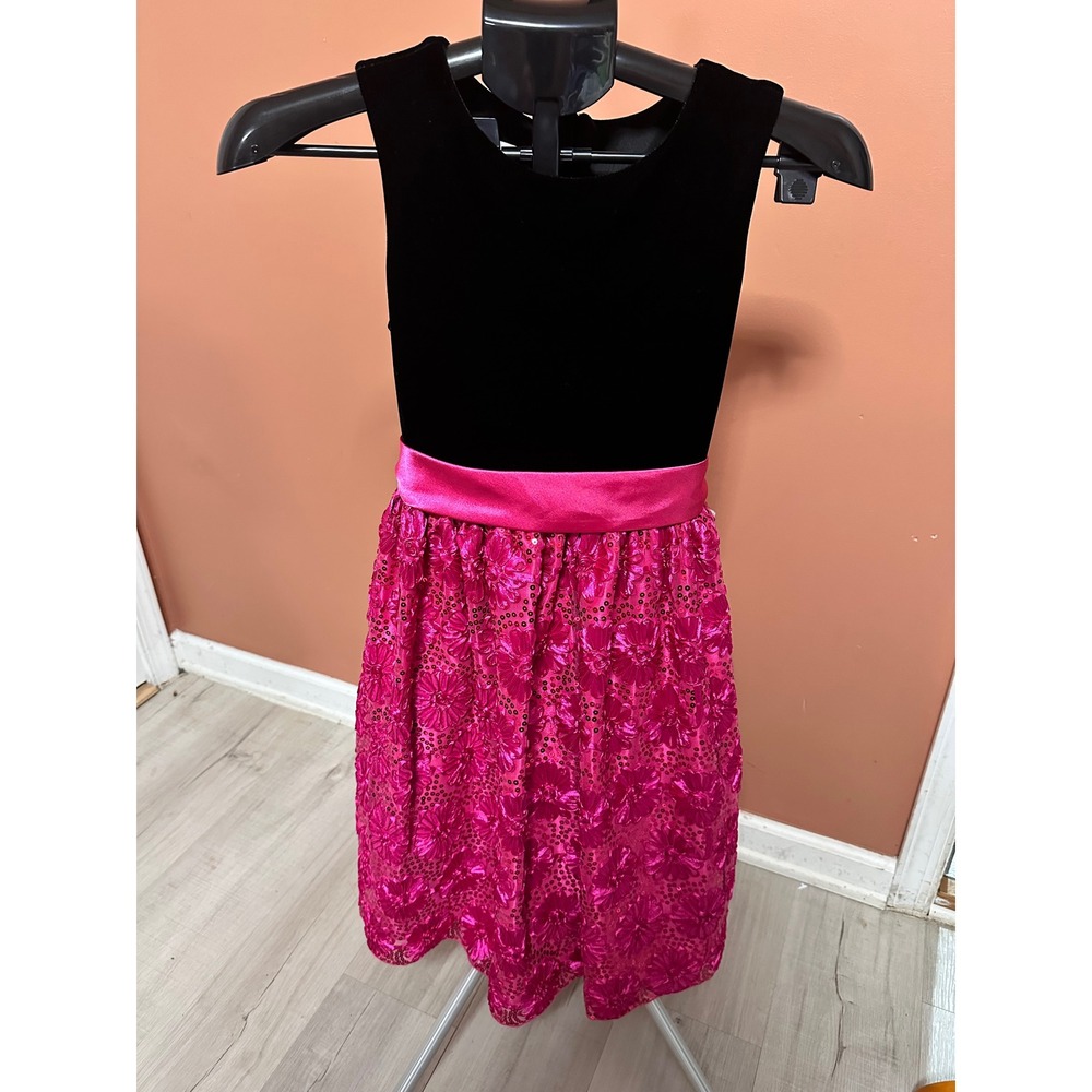 American Princess Girls Dress Size 12 Party Black Pink Floral Sequin